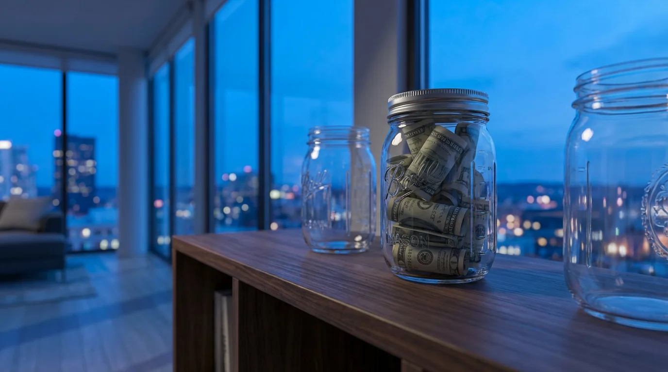 A clear glass jar partially filled with cash representing a growing family emergency fund.
