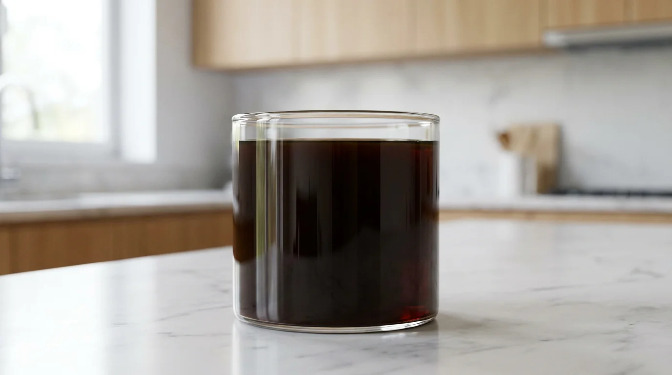 A clear glass on a marble countertop filled with dark liquid nearly to the brim.