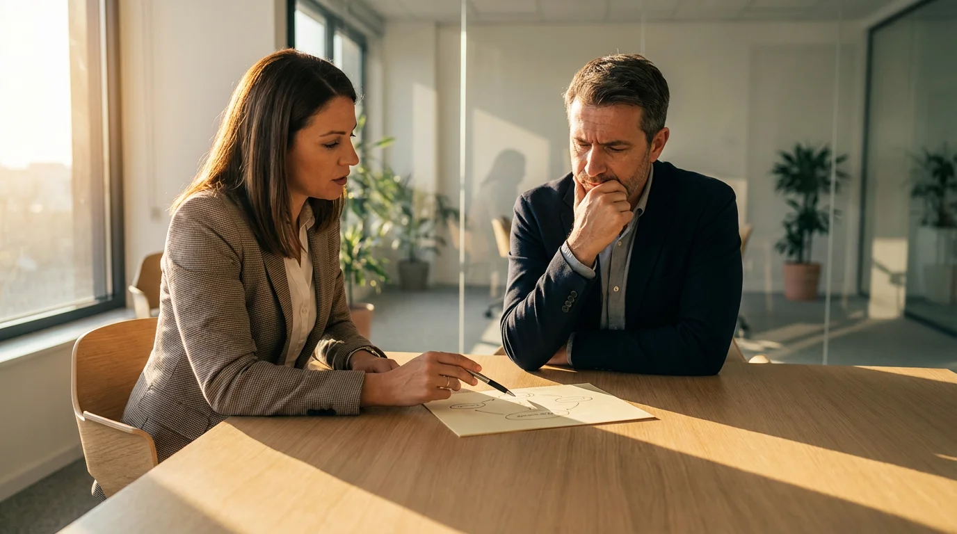 A client and a financial advisor discussing a diagram at a table in an office.