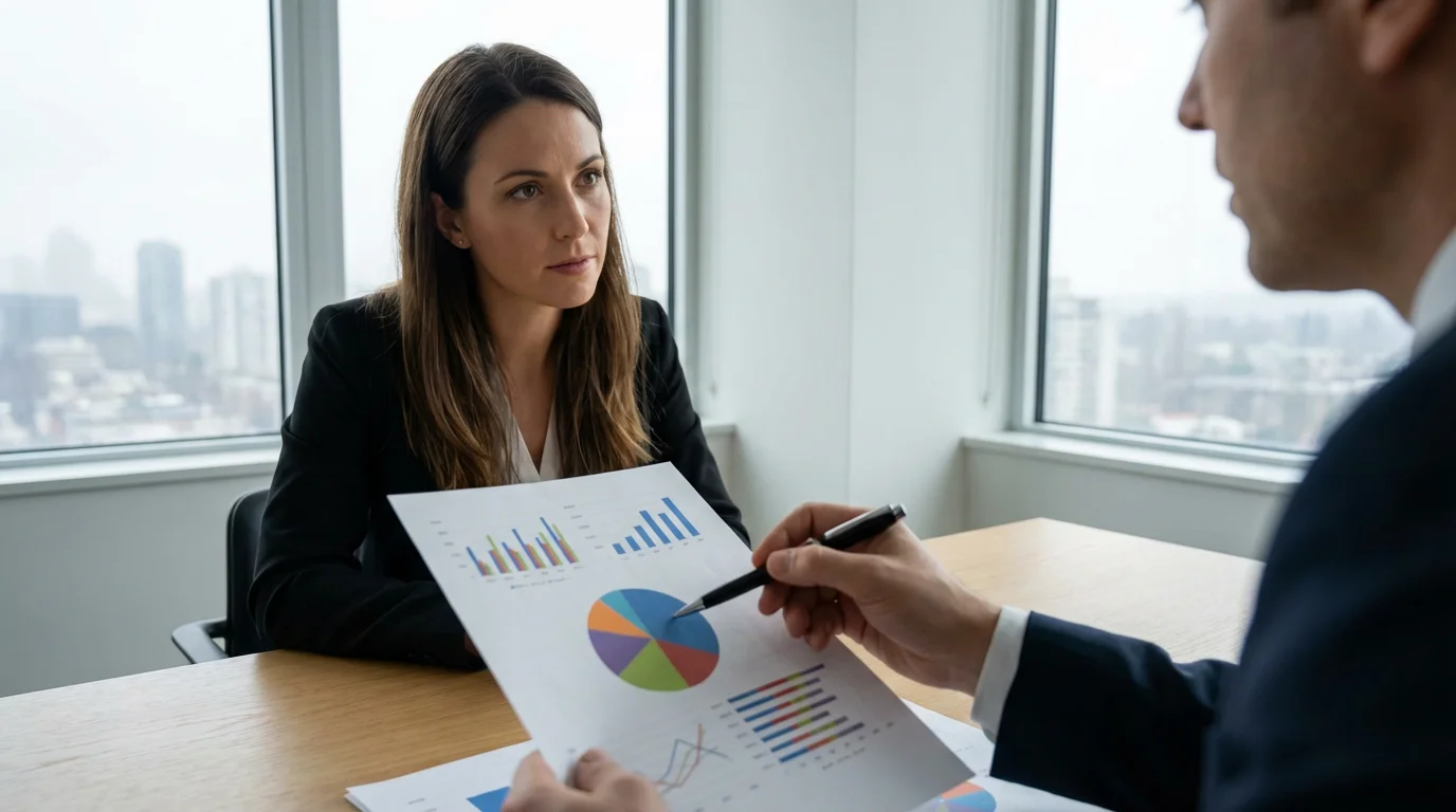 A client and a financial advisor reviewing financial charts together in a modern office.