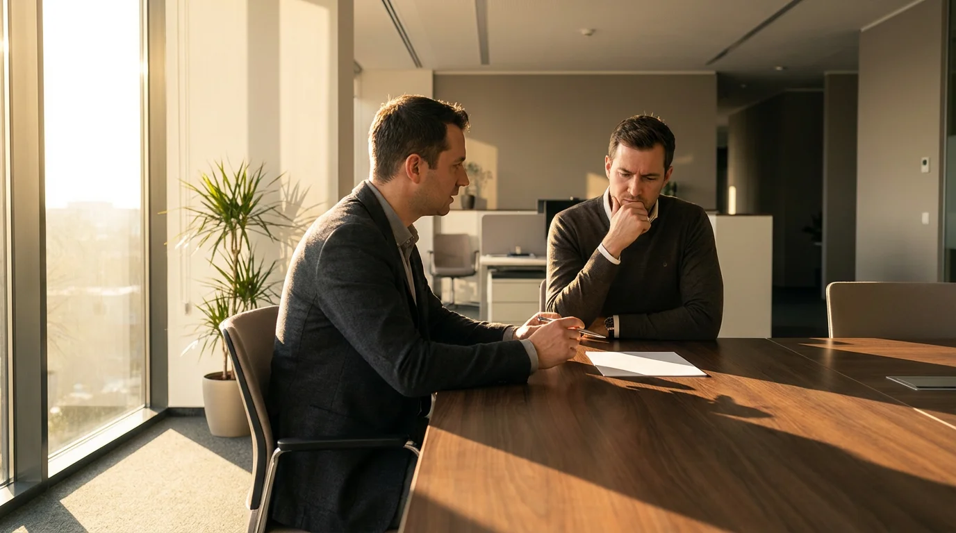 A client and a financial professional having a serious discussion in a modern office.