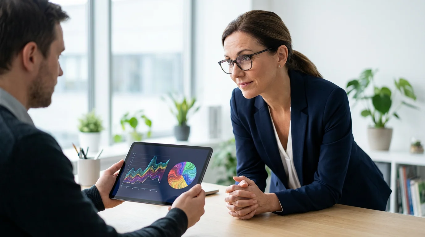 A client gets advice from a financial professional in a bright, modern office.