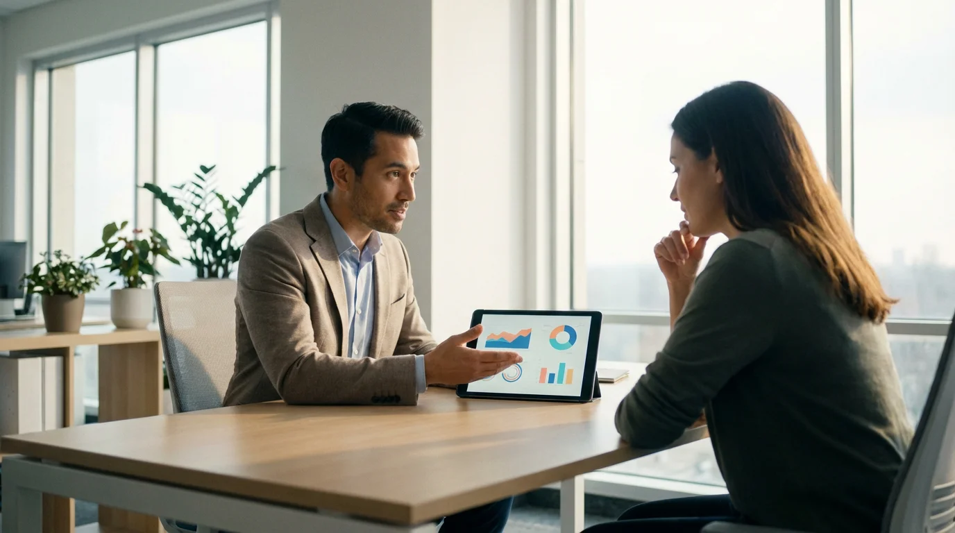 A client meets with a financial advisor in a bright, modern office.