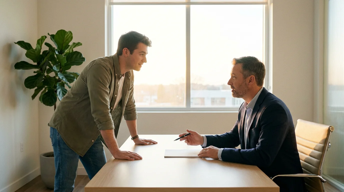 A client meets with a financial advisor in a bright, modern office setting.