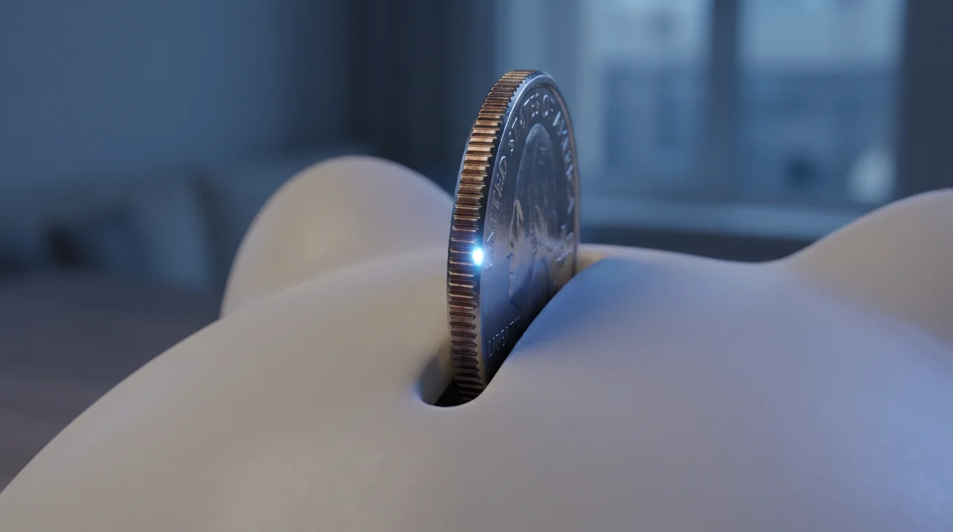 A close-up macro photo of a coin being put into a modern white piggy bank.