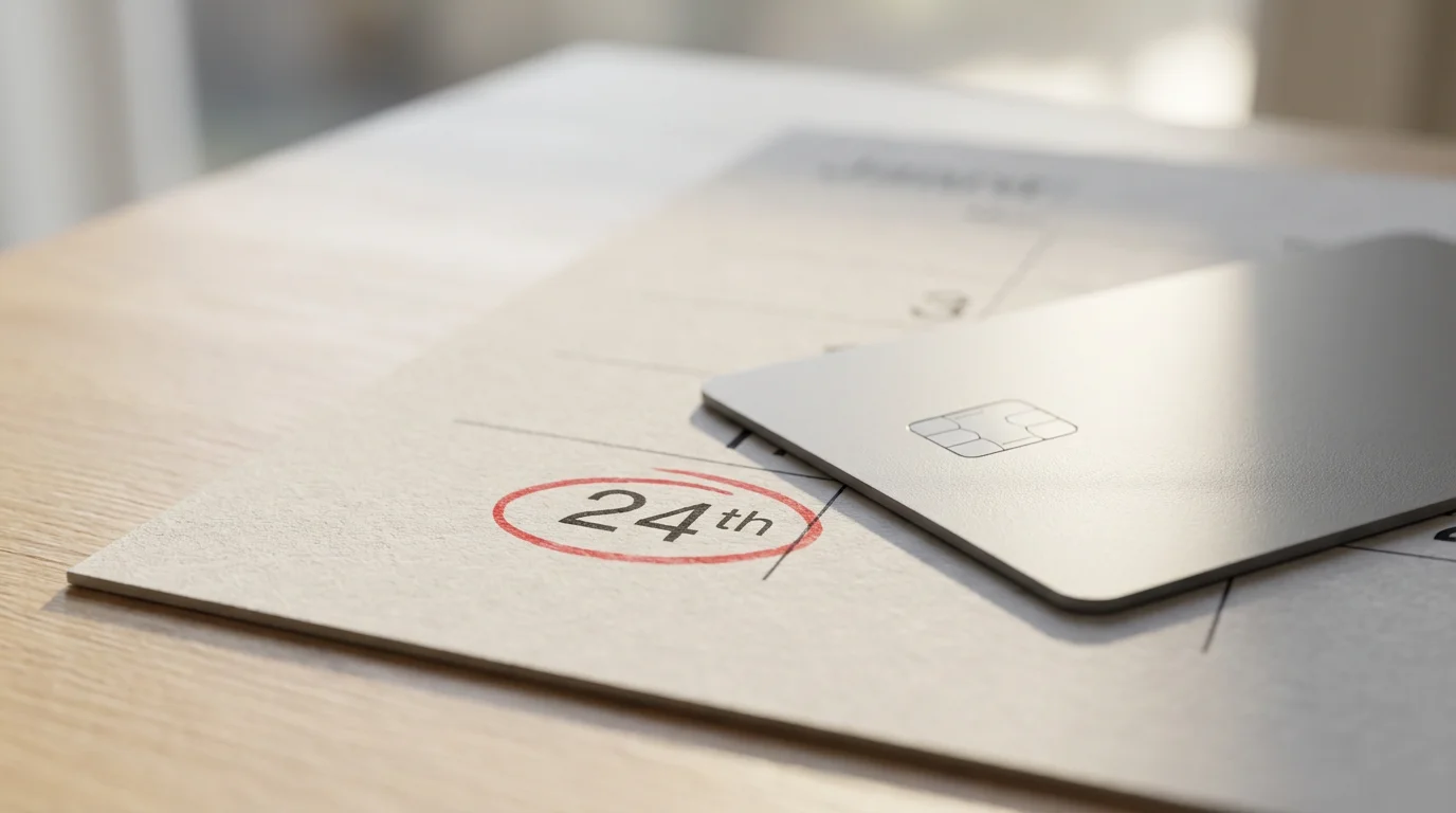 A close-up macro photo of a credit card on a desk calendar with a forgotten date circled.
