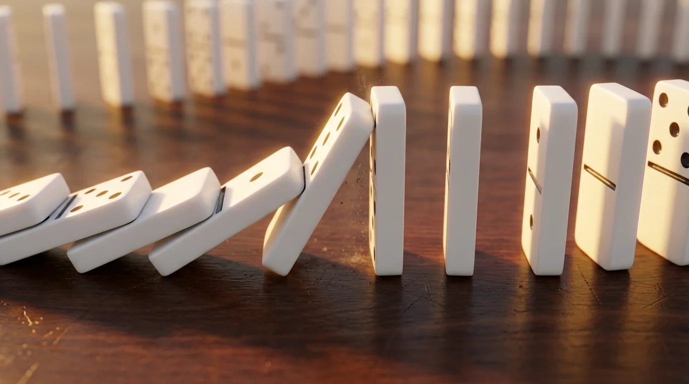 A close-up macro photo of a falling domino about to trigger a chain reaction.