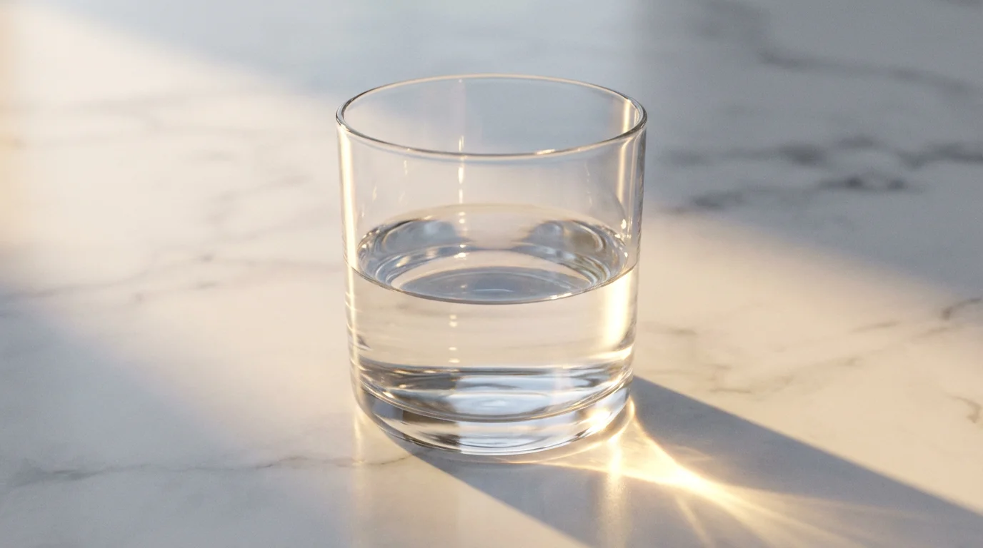 A close-up macro photo of a glass filled with a small amount of water.