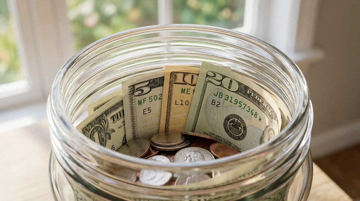 A close-up macro photo of a glass savings jar filled with cash and coins.