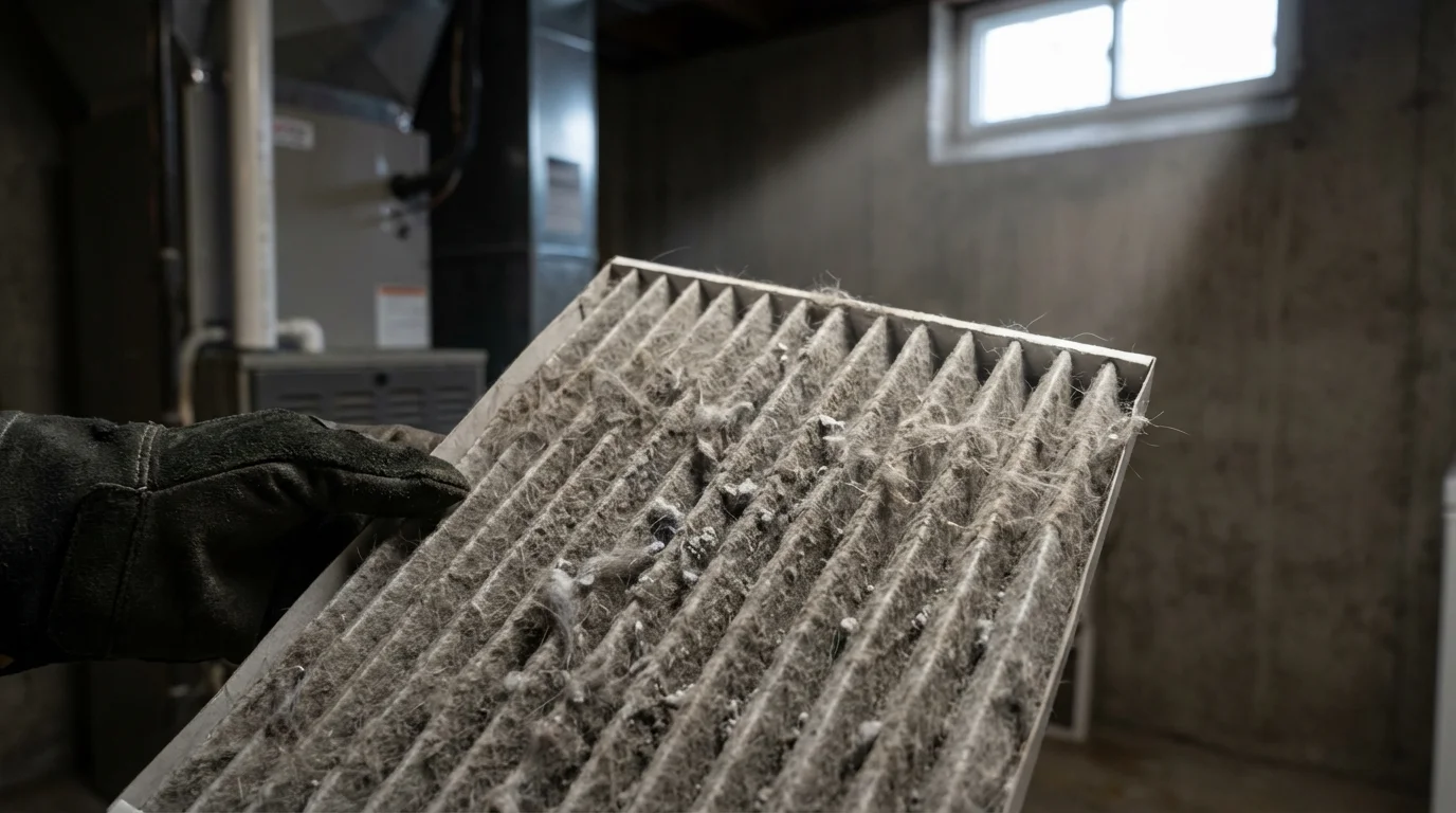 A close-up macro photo of a hand holding a very dirty, clogged furnace filter.