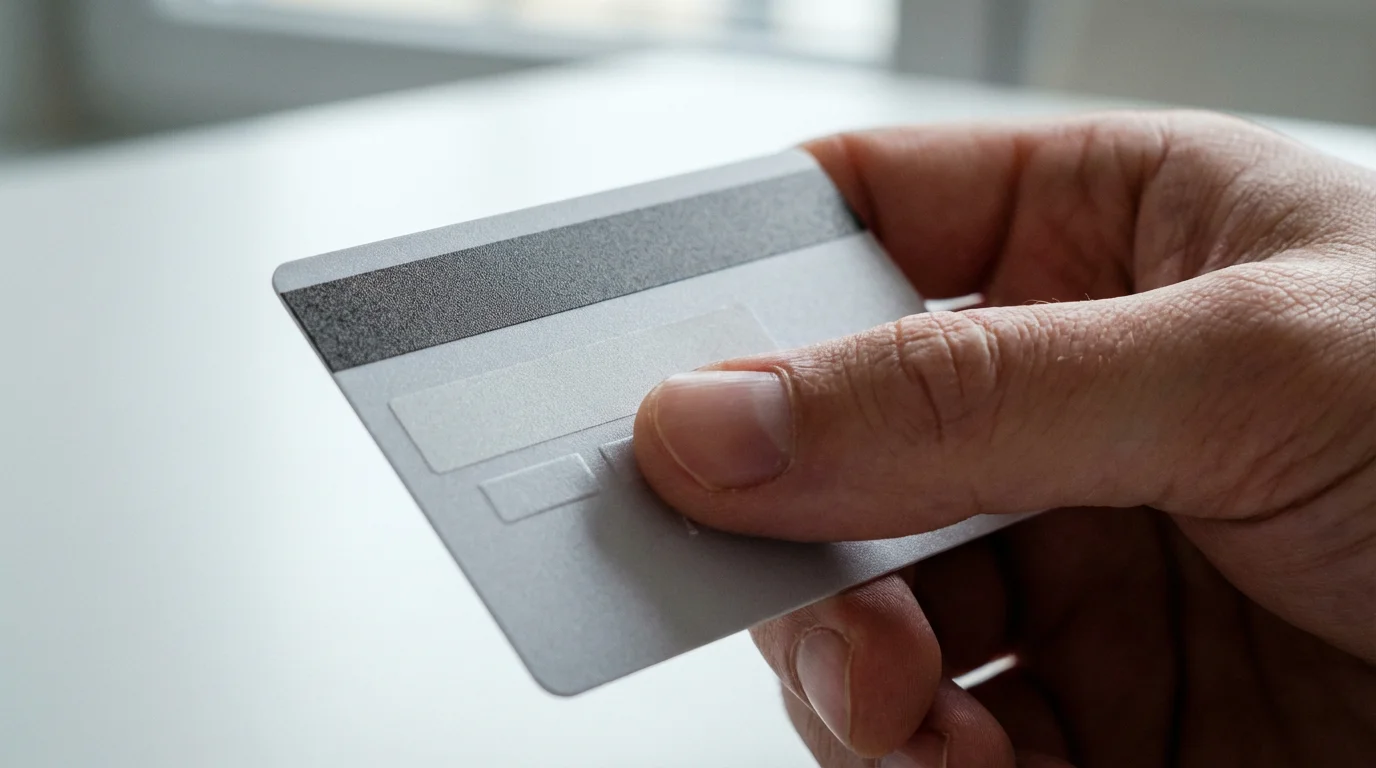 A close-up macro photo of a hand holding the back of a credit card.