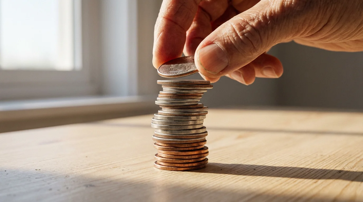 A close-up macro photo of a hand stacking coins of increasing value.