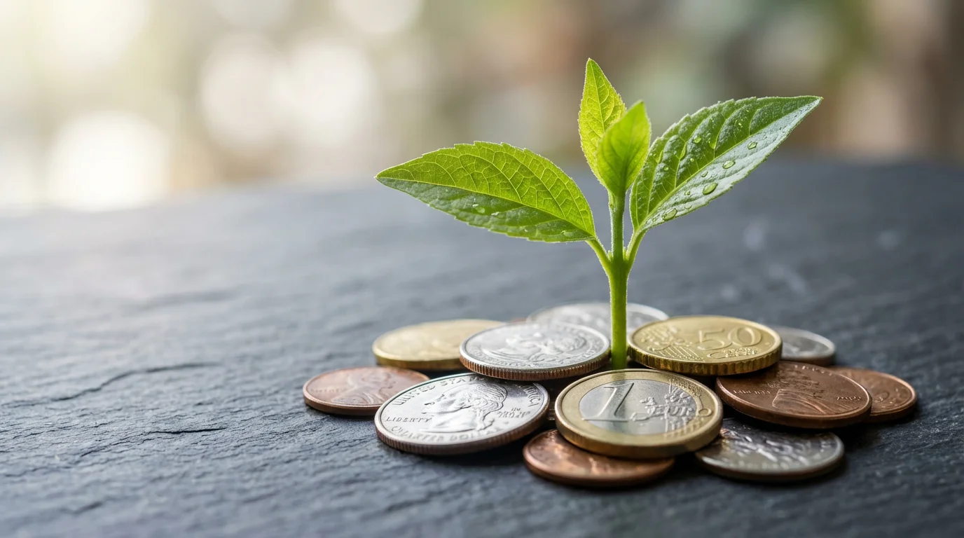 A close-up macro photo of a small green plant sprout growing from a pile of coins.