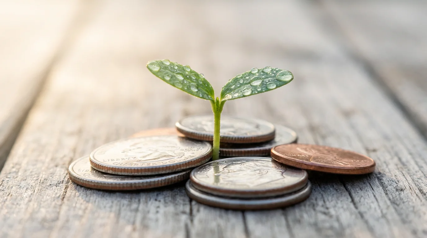 A close-up macro photo of a small plant sprout growing from a pile of coins.