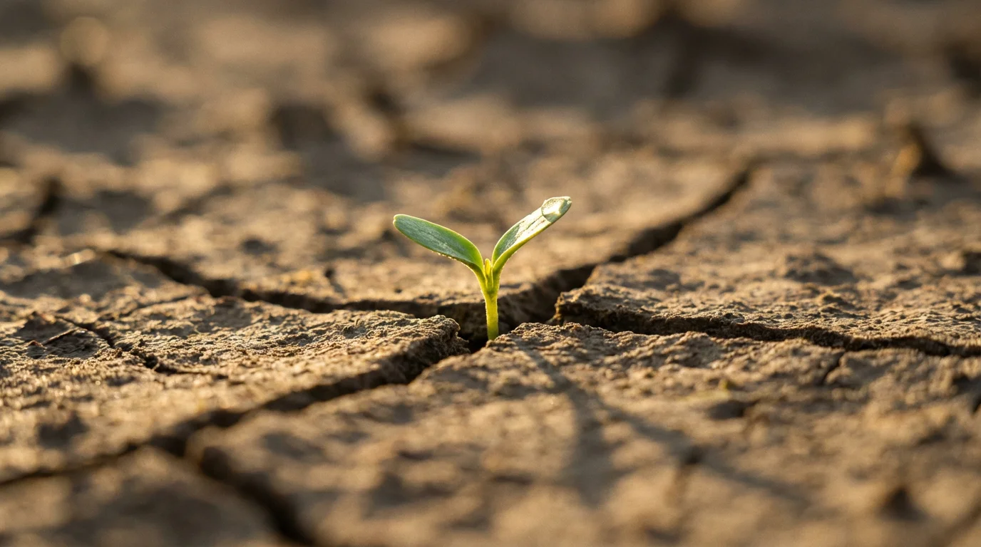 A close-up macro photo of a tiny green sprout growing from cracked dry earth.