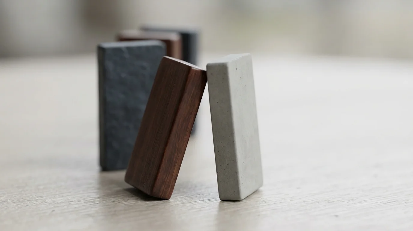 A close-up macro photo of dominoes made from different materials about to topple.