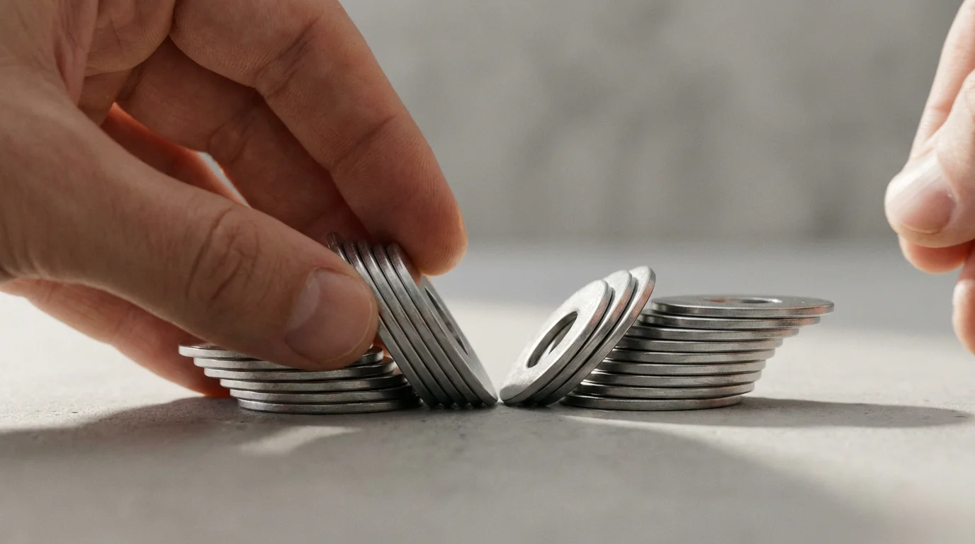 A close-up macro photo of hands separating a small stack of metal washers.