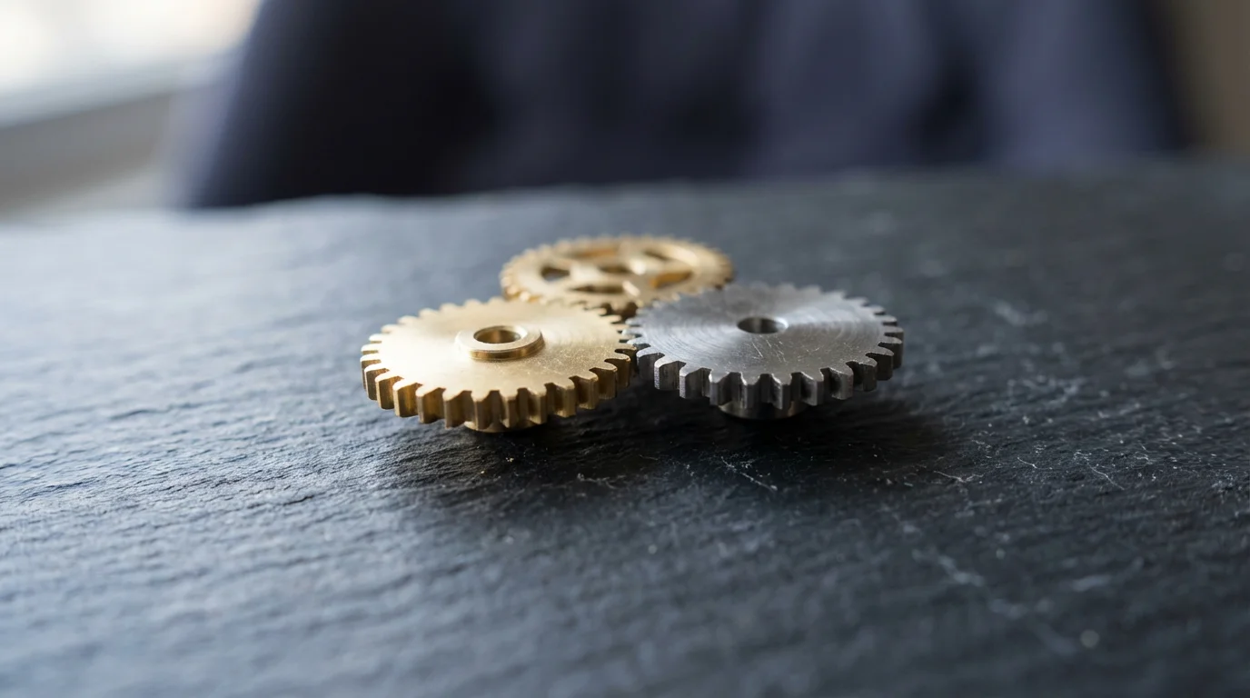A close-up macro photo of interlocking metal gears, symbolizing financial planning and professional help.