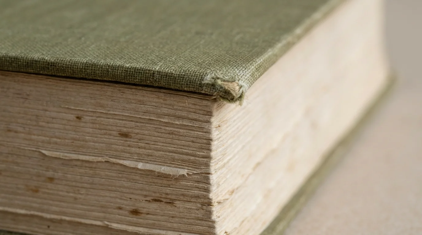 A close-up macro photo of the slightly worn corner of a used hardcover book.