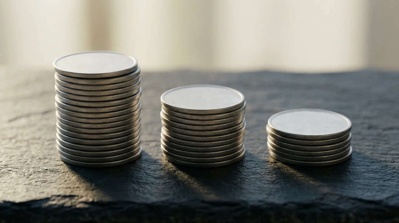 A close-up macro photo of three differently sized stacks of silver coins.
