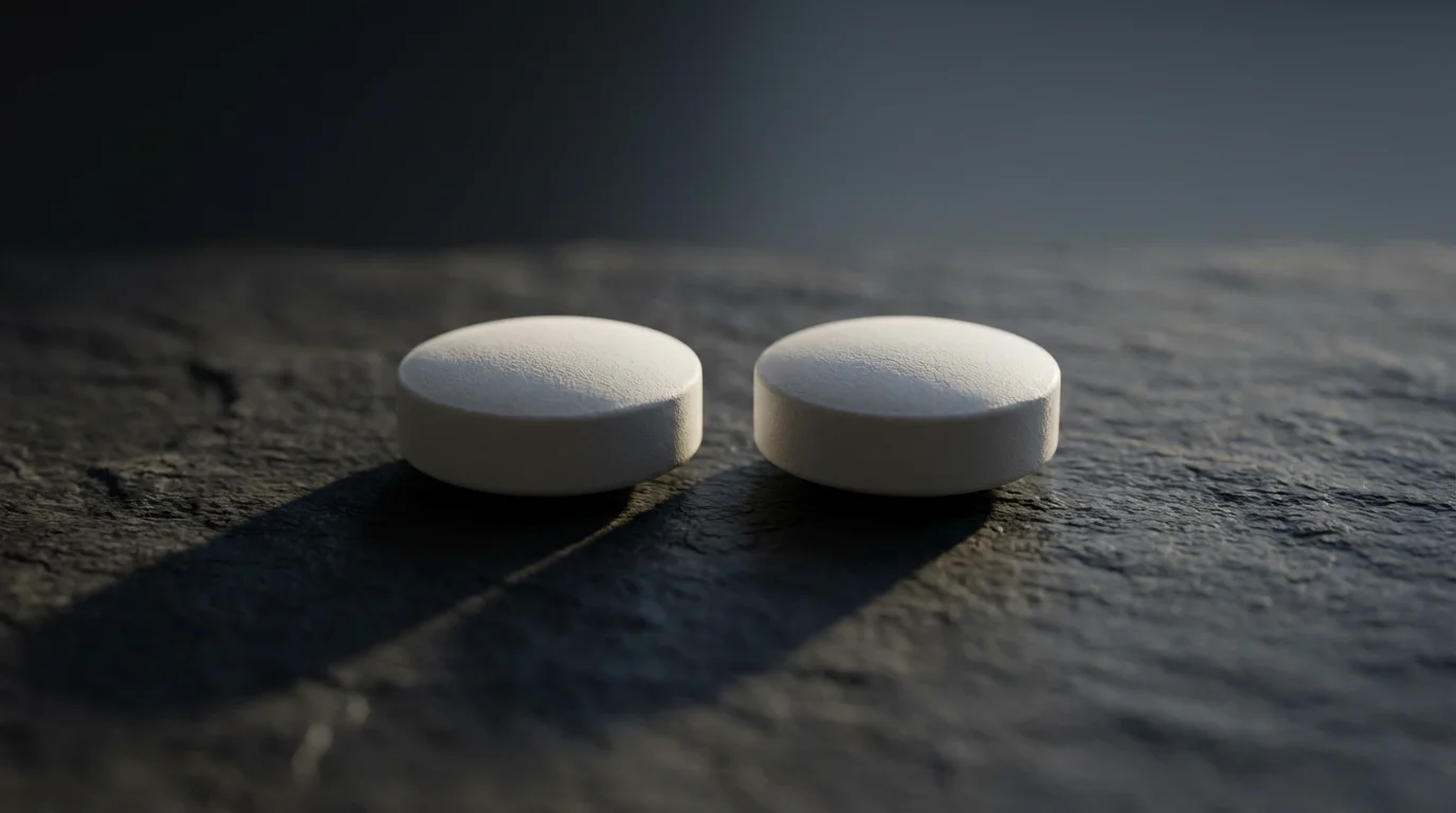 A close-up macro photo of two identical white pills casting long afternoon shadows.