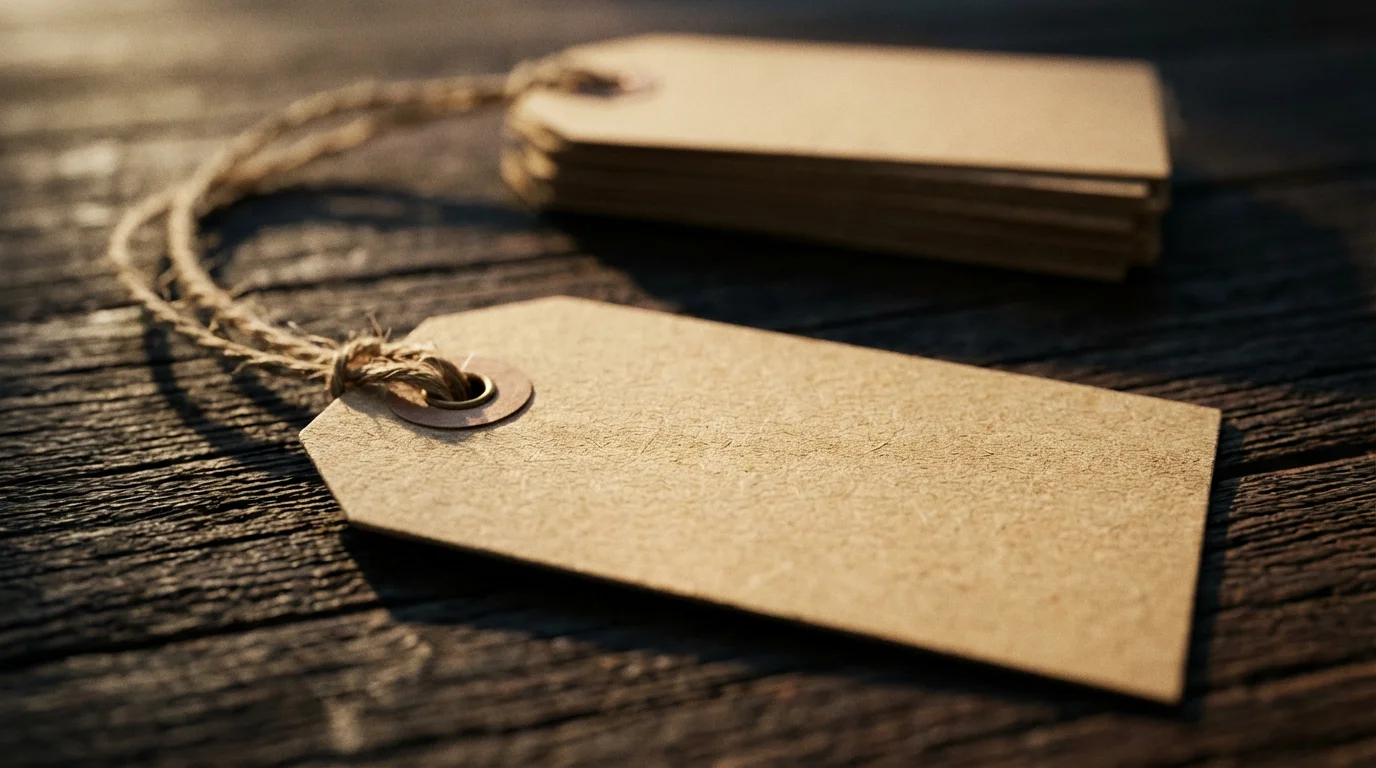A close-up macro photograph of a blank price tag with long, dramatic afternoon shadows.