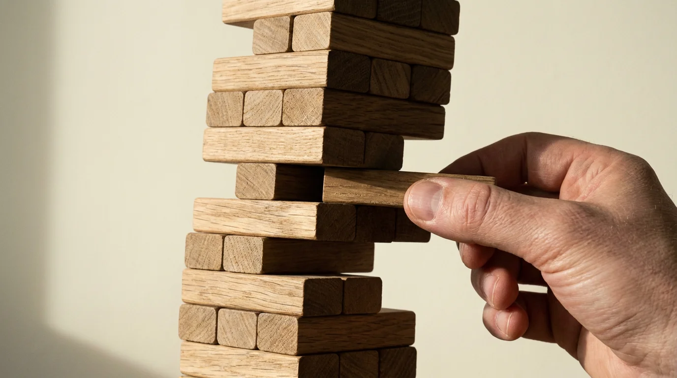 A close-up macro photograph of a hand carefully pulling a block from a wooden tower.