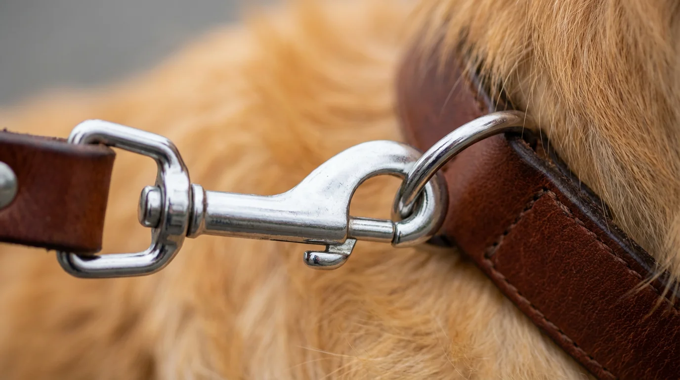 A close-up macro photograph of a leash clip attached to a leather dog collar.