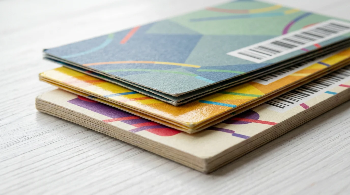 A close-up macro photograph of a neat stack of generic coupons on a table.