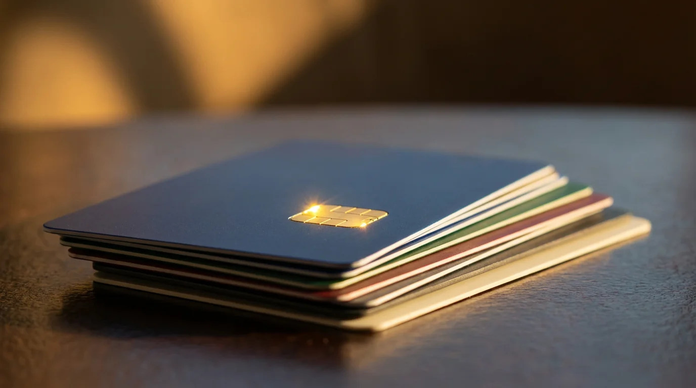 A close-up macro photograph of a stack of generic credit cards at golden hour.