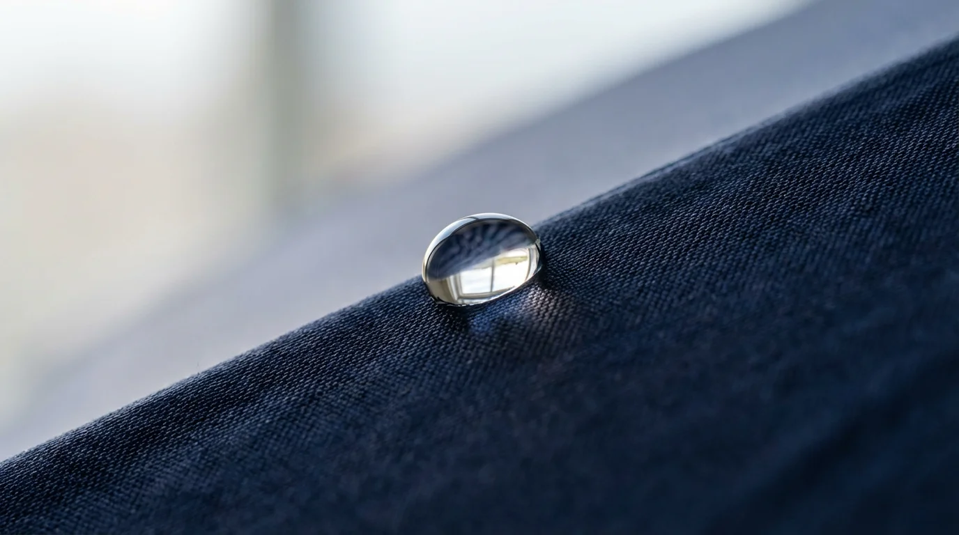 A close-up macro photograph of a water droplet beading on a dark blue umbrella.