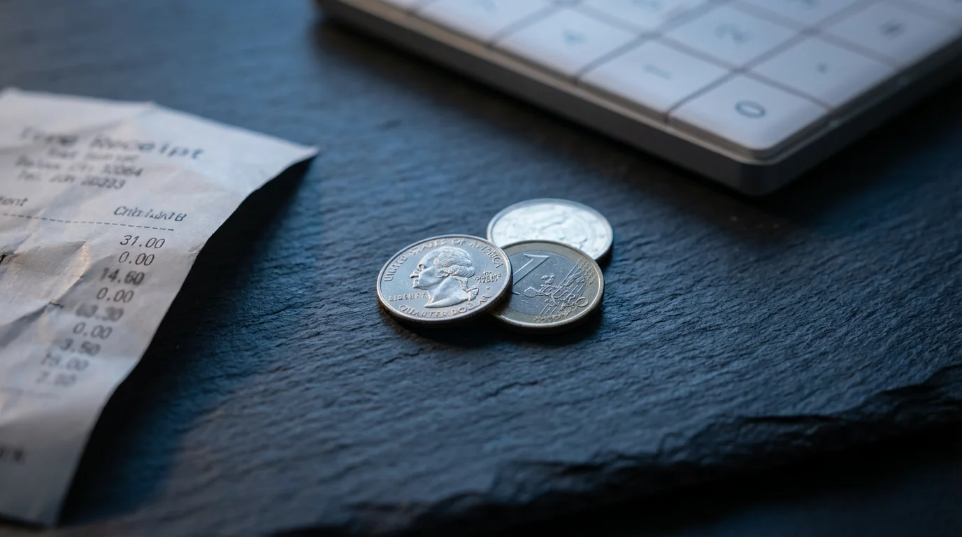 A close-up macro photograph of coins and a crumpled receipt on a dark surface.