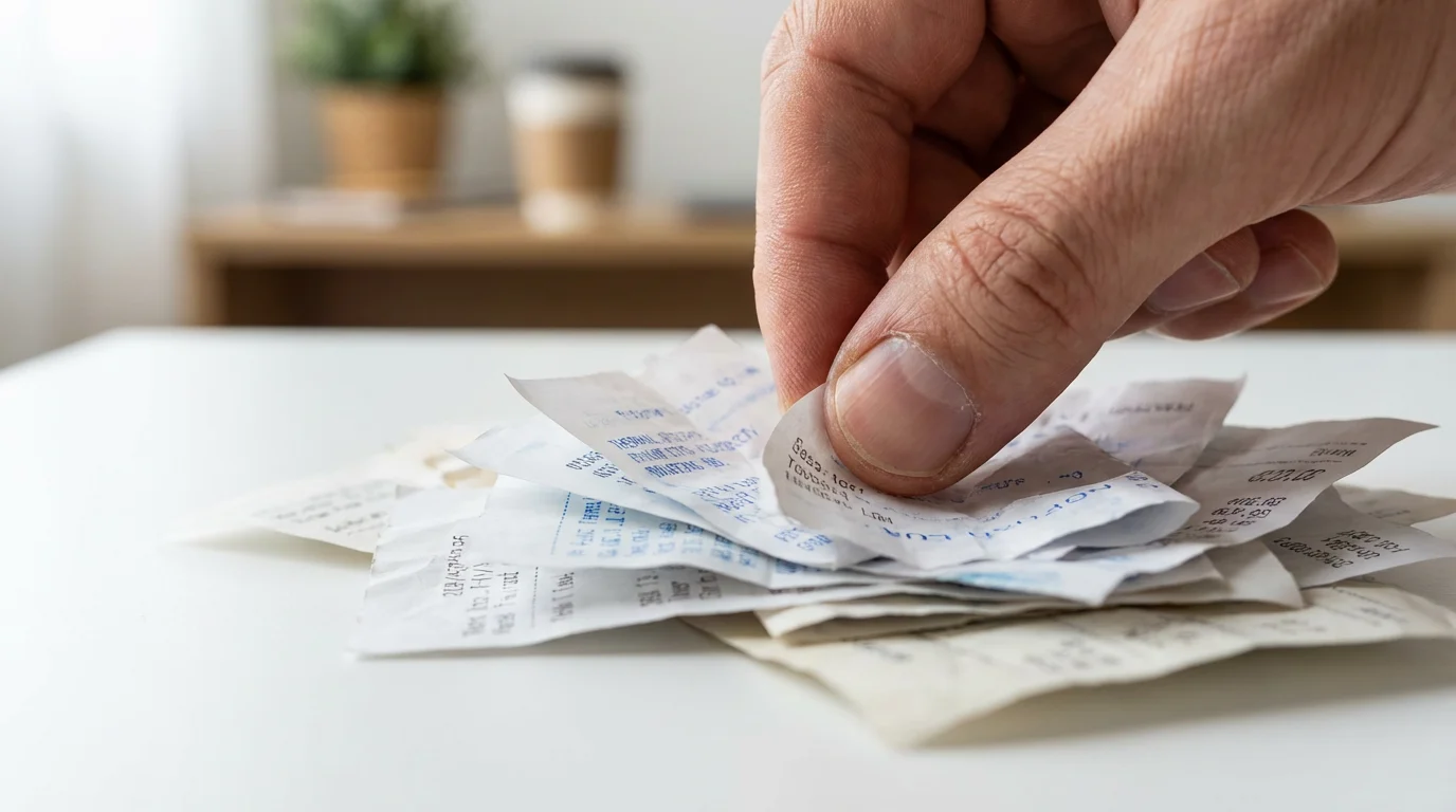 A close-up macro photograph of fingers sorting through a pile of paper receipts.