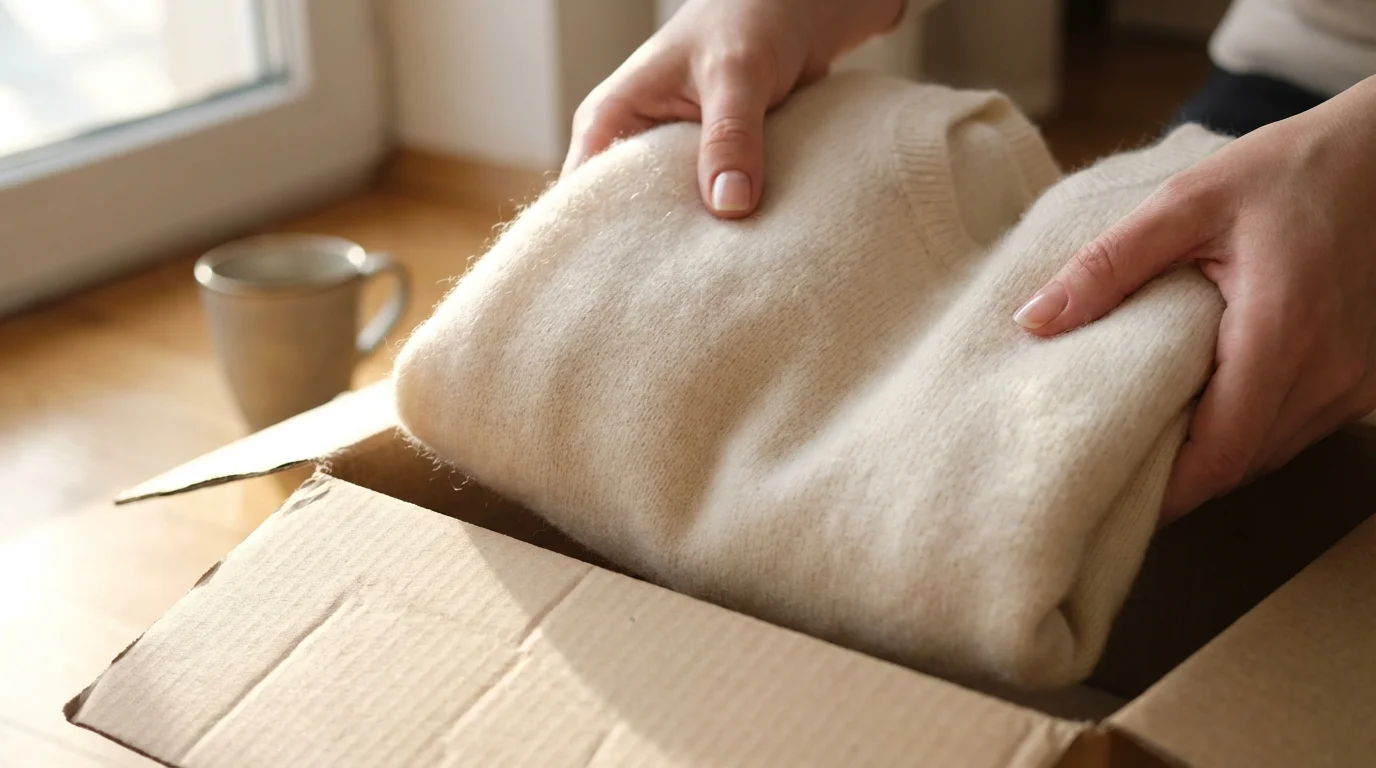 A close-up macro photograph of hands placing a soft sweater into a donation box.
