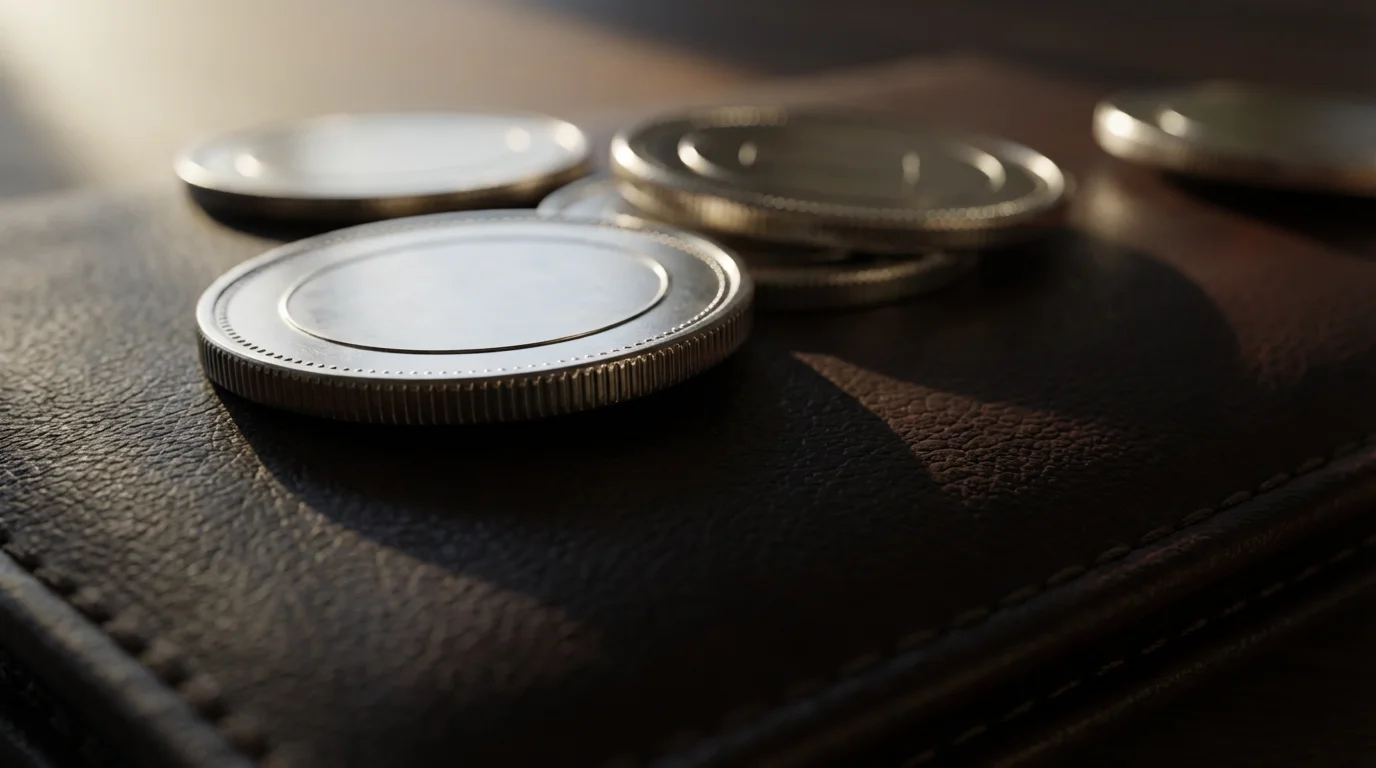 A close-up macro photograph of shiny coins casting long shadows on a leather wallet.