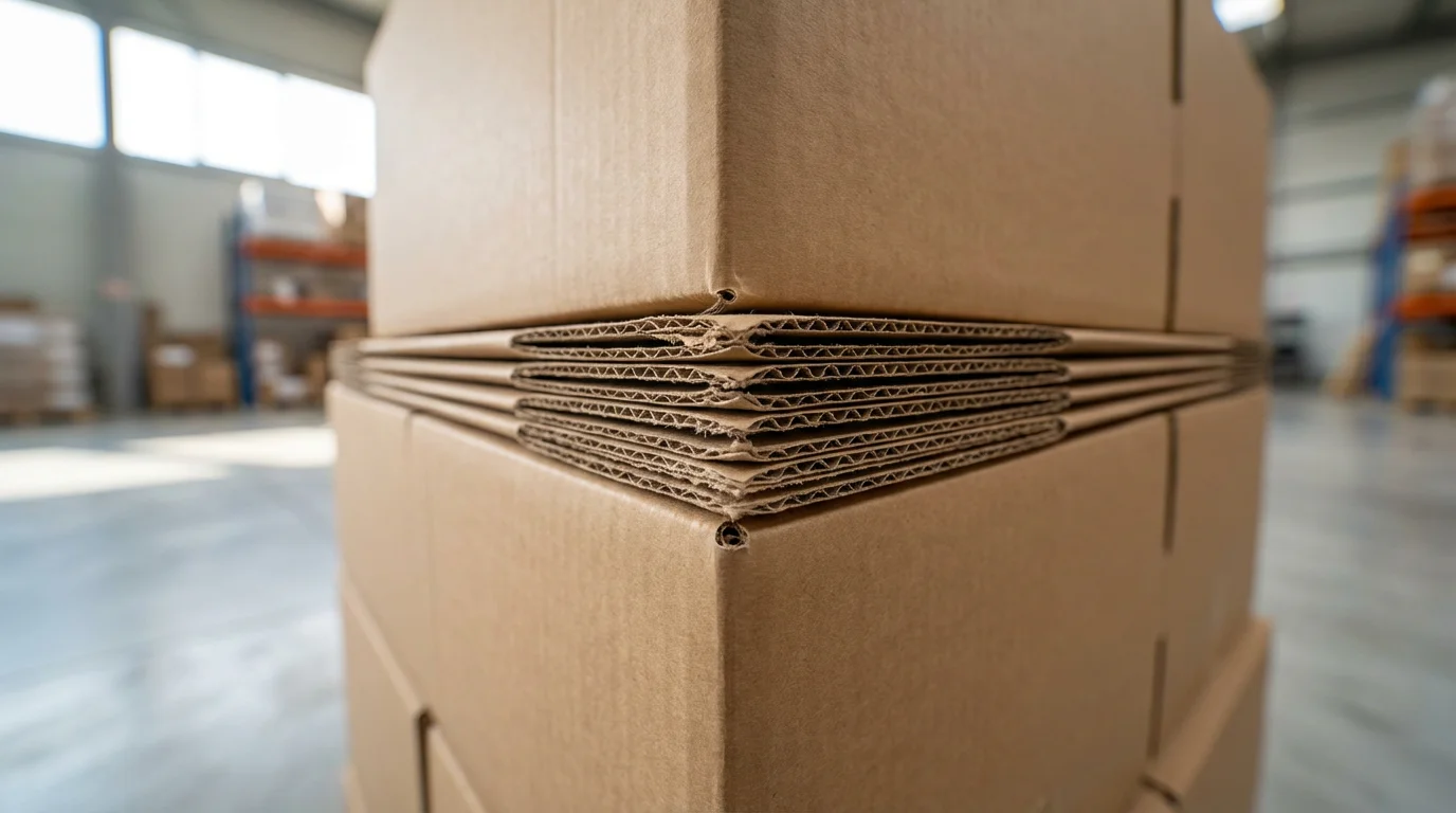 A close-up macro photograph of stacked cardboard boxes with natural side lighting.