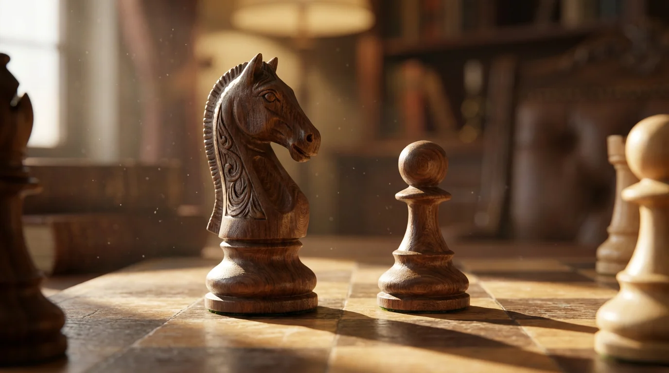 A close-up macro photograph of wooden chess pieces casting long shadows on a board.
