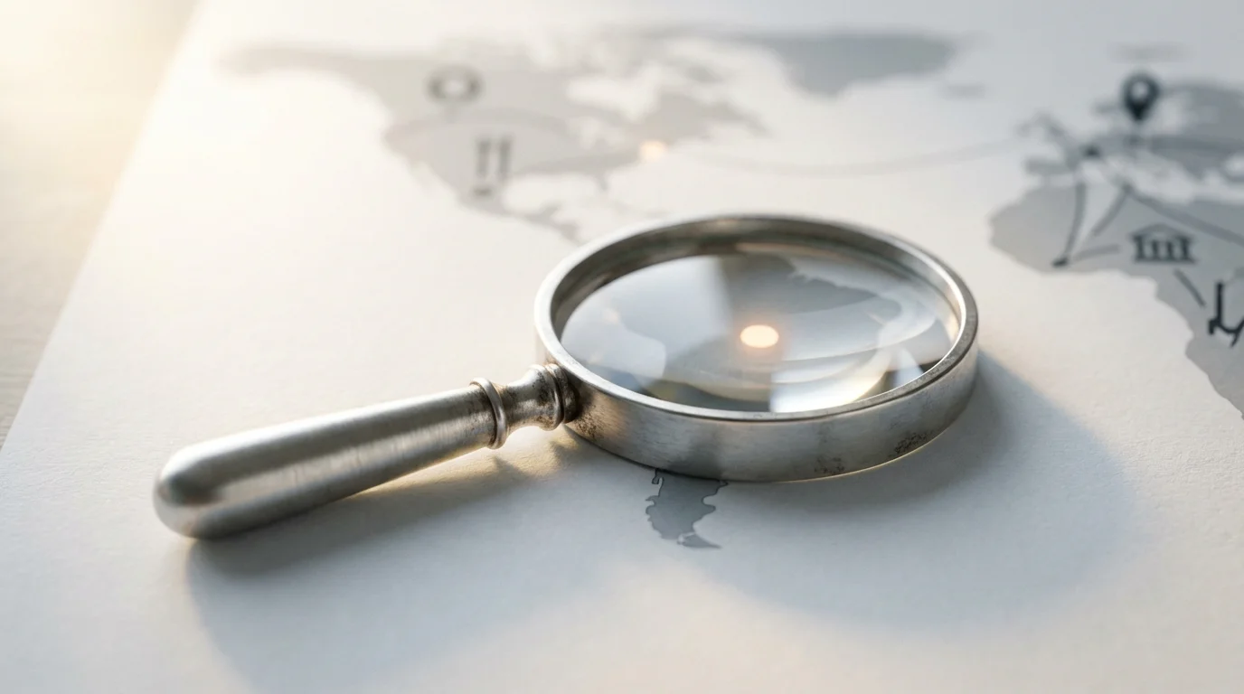 A close-up macro shot of a small magnifying glass highlighting a glowing spot on a map.