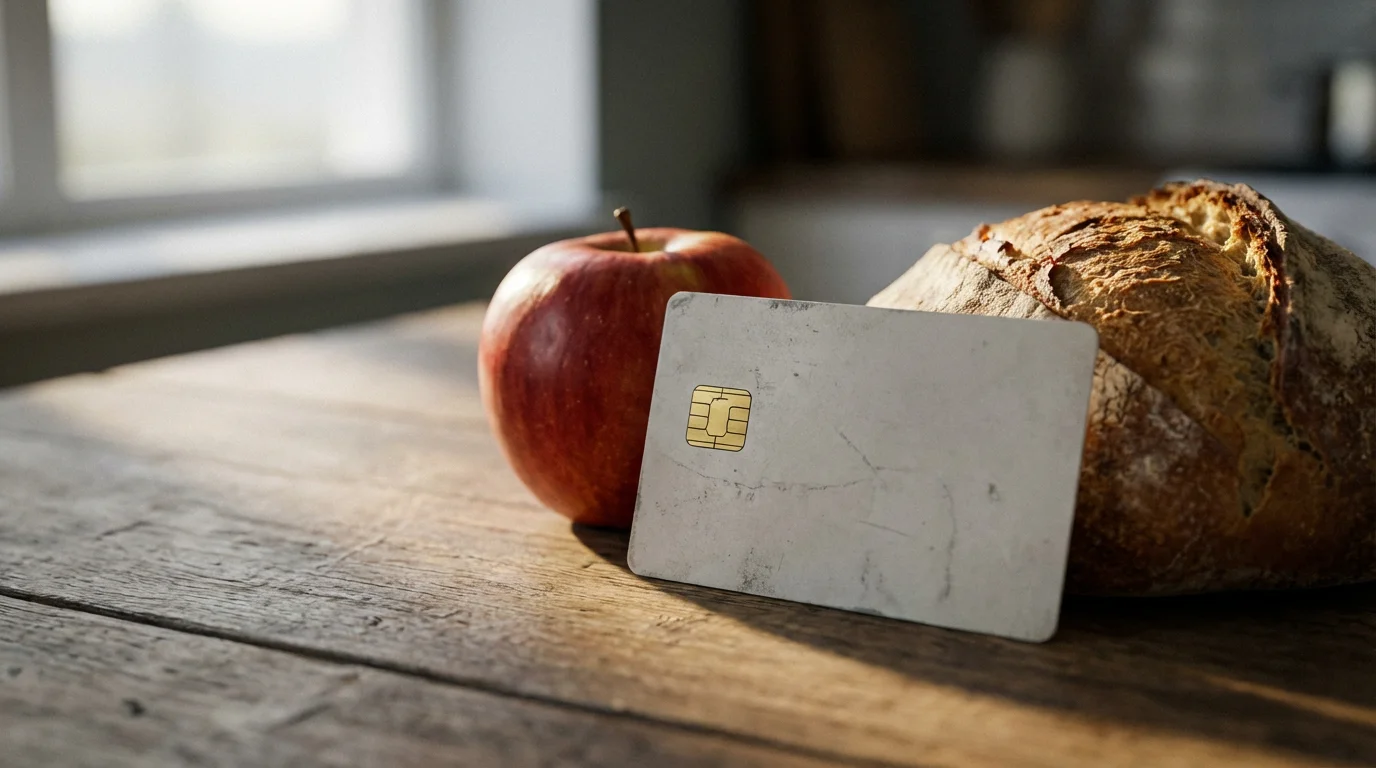 A close-up of a credit card next to basic groceries on a kitchen counter.
