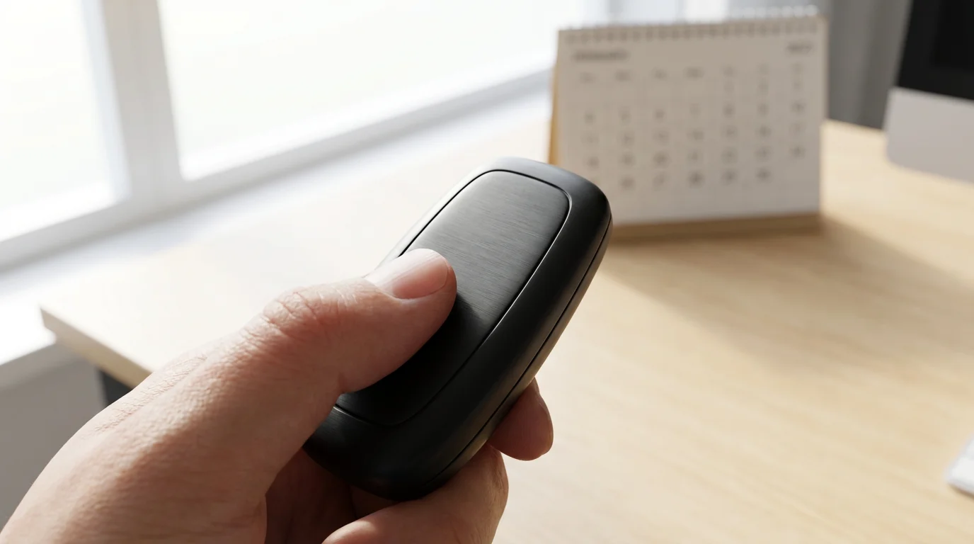 A close-up of a hand holding a modern car key fob over a calendar.