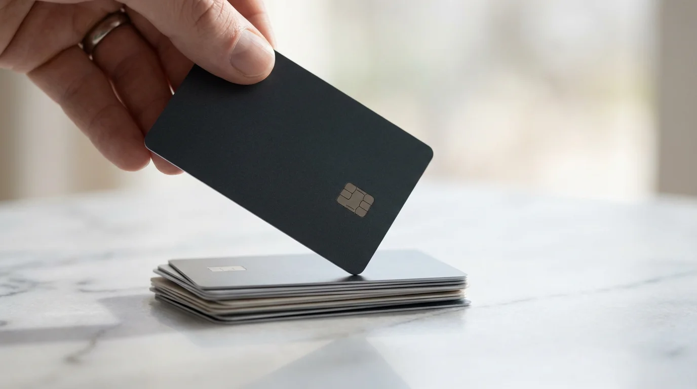 A close-up of a hand placing a dark credit card atop lighter ones.