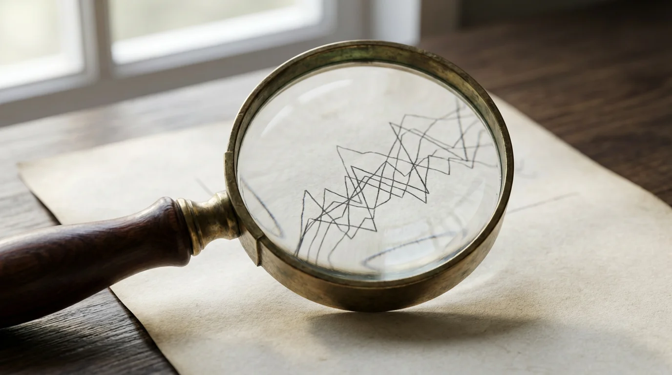 A close-up of a magnifying glass examining a complex, abstract financial-style line graph.