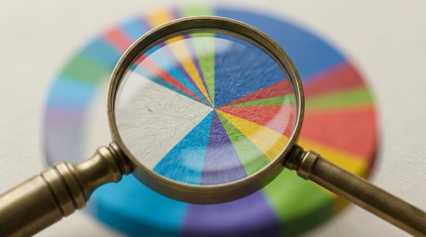 A close-up of a magnifying glass held over a colorful financial pie chart.