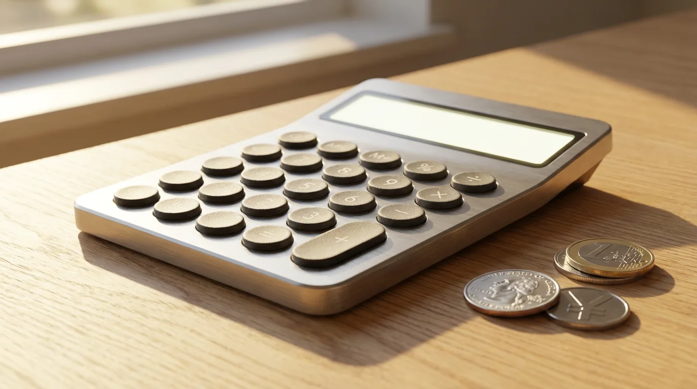 A close-up of a minimalist calculator and shiny coins on a desk in warm light.