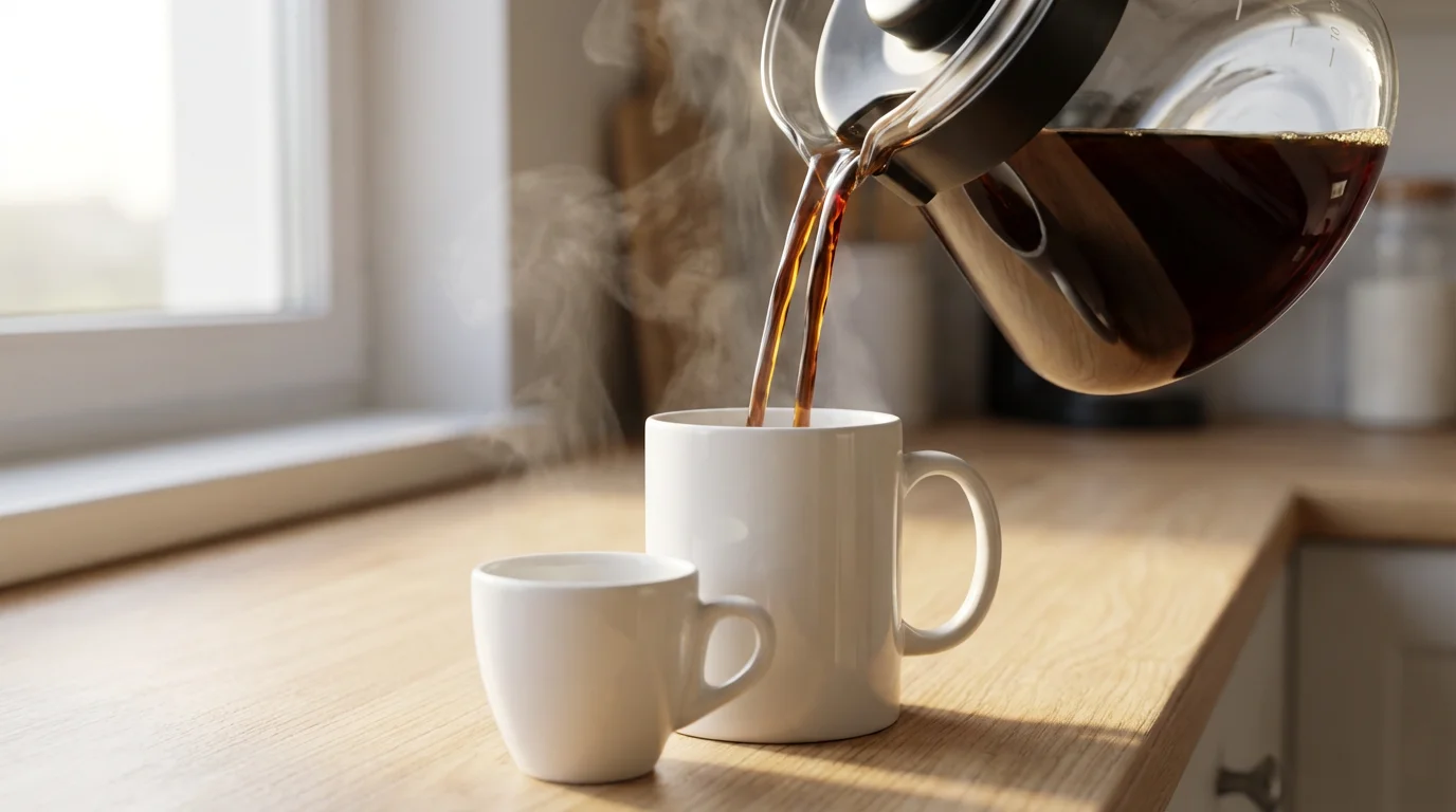A close-up of a single stream of coffee splitting to fill two cups.