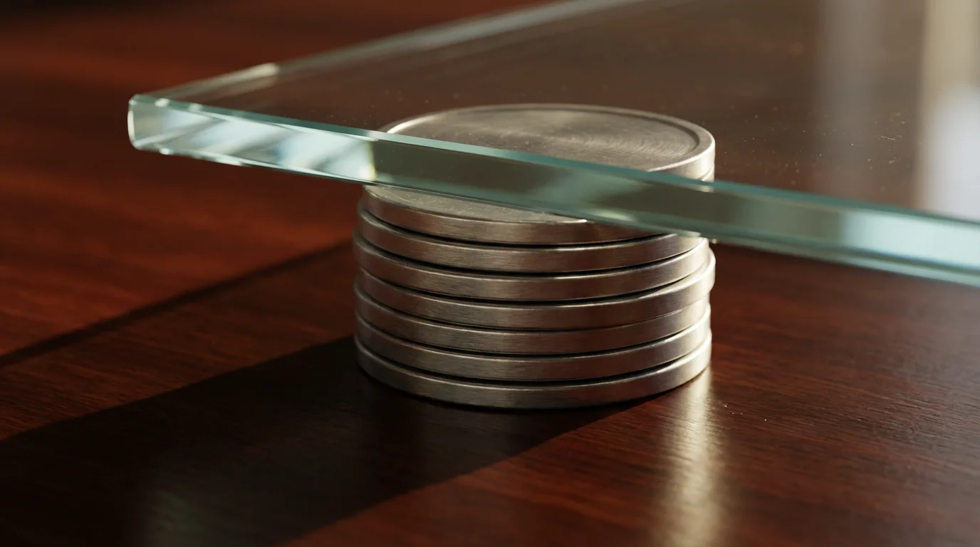 A close-up of a stack of silver coins reaching a clear glass limit.
