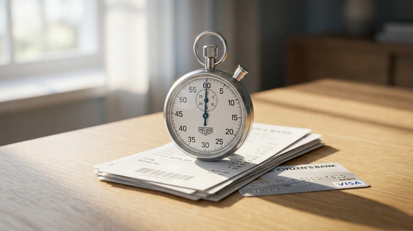 A close-up of a stopwatch and receipts on a desk in morning light.