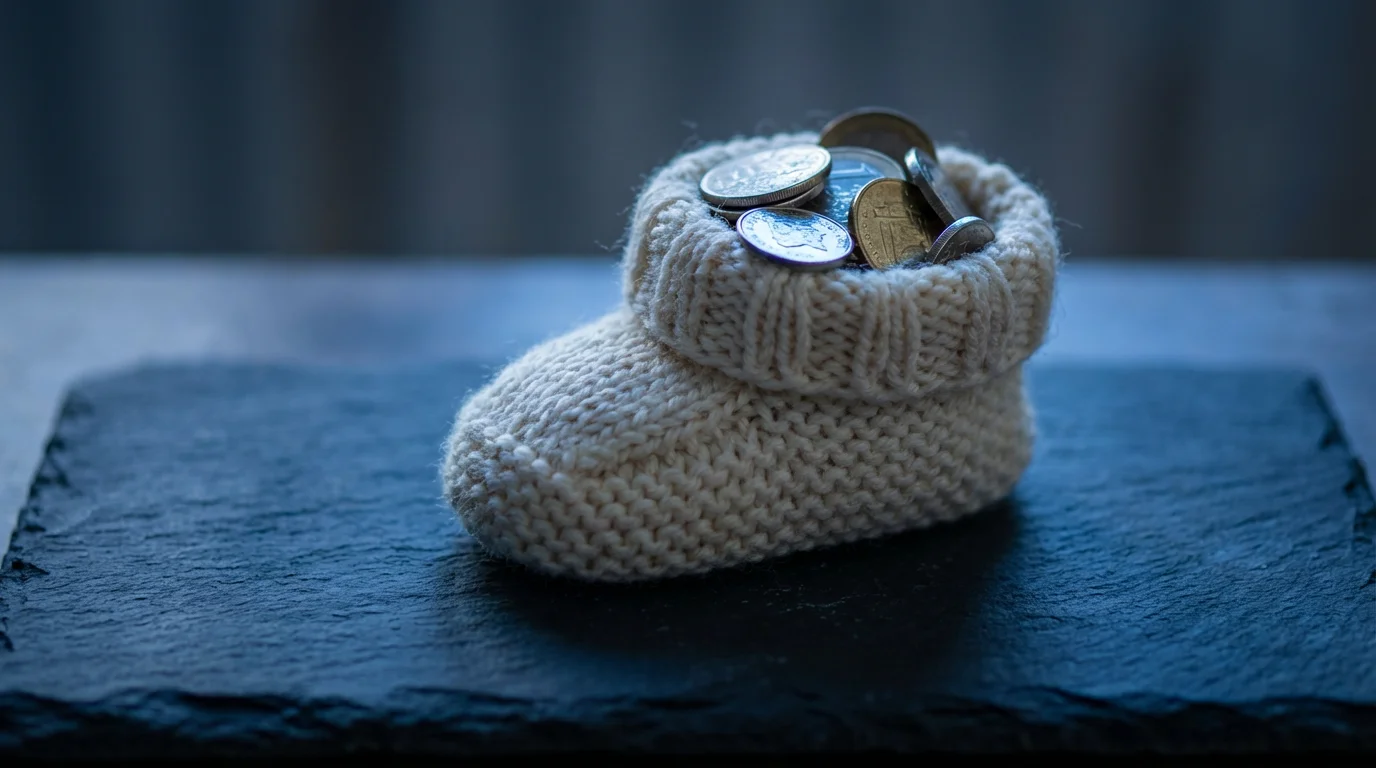 A close-up of a tiny baby bootie with shiny coins spilling out onto a slate surface.