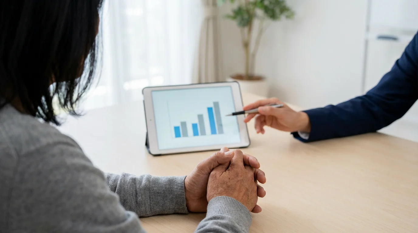 A close-up over-the-shoulder view of a person meeting with a financial professional.