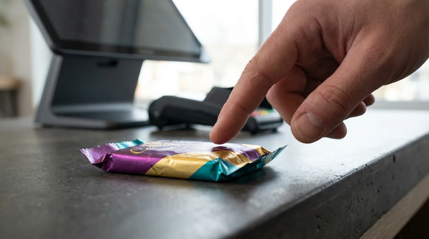 A close-up photo of a hand about to grab a chocolate bar at a checkout counter.